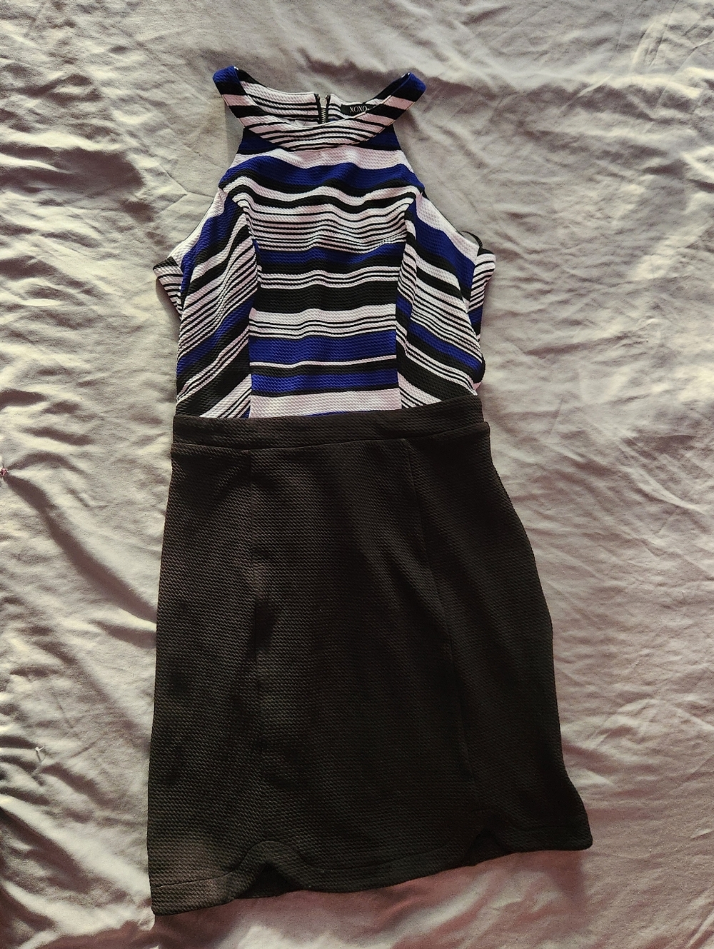 XOXO Blue, Black & White Striped Fit-and-Flare Midi Dress
